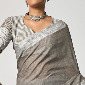 Grey Partywear Woven Linen Saree - Peachmode