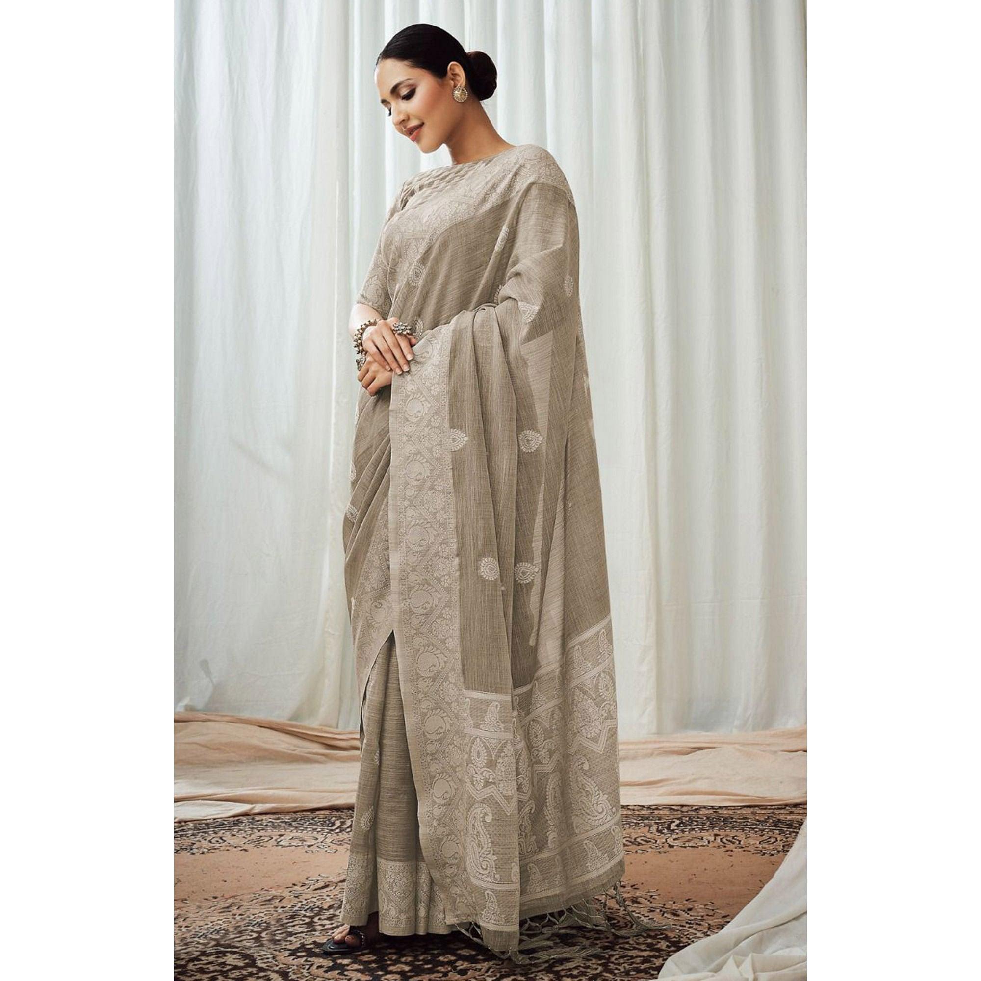 Grey Partywear Woven Lucknowi Linen Saree - Peachmode
