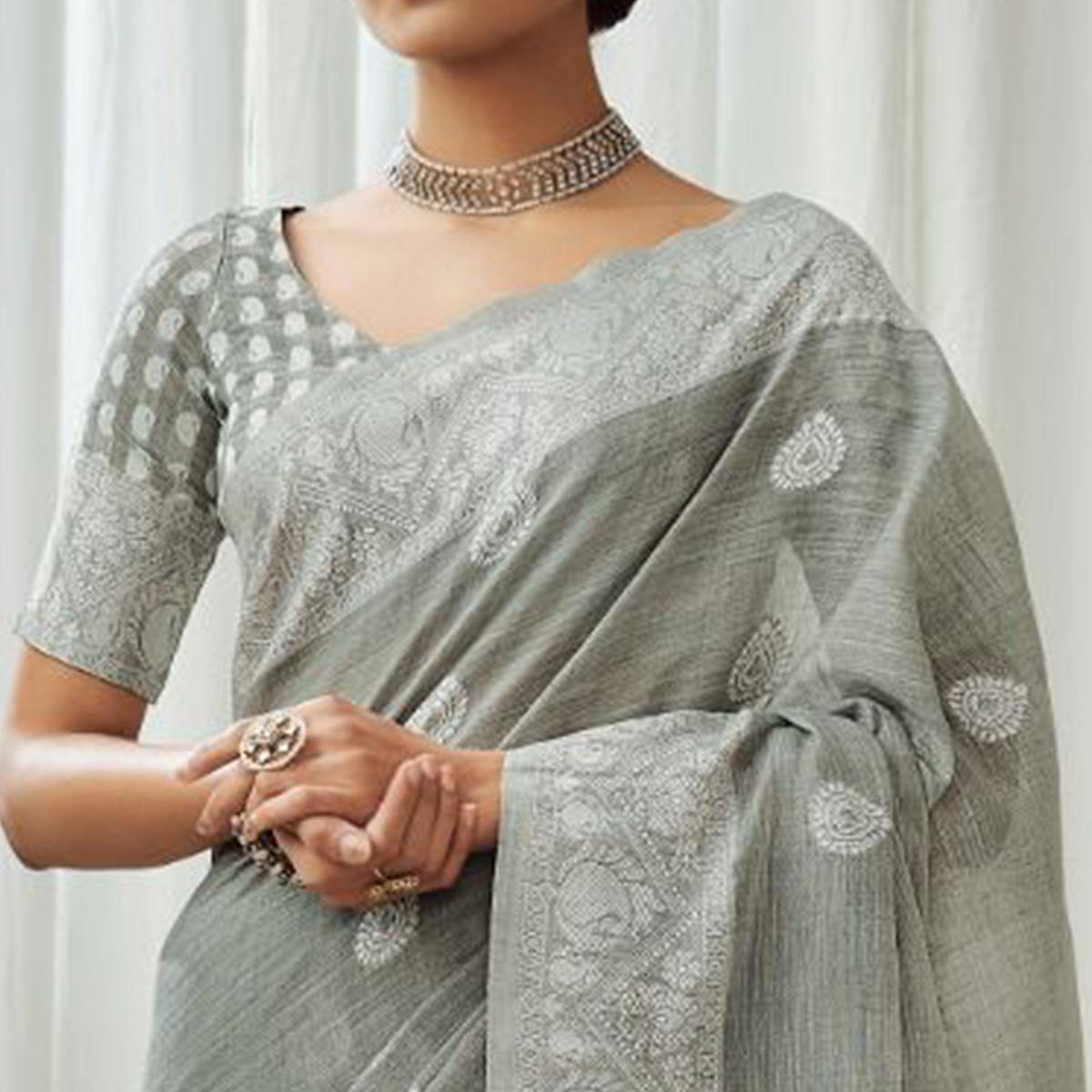Grey Partywear Woven Lucknowi Linen Saree - Peachmode
