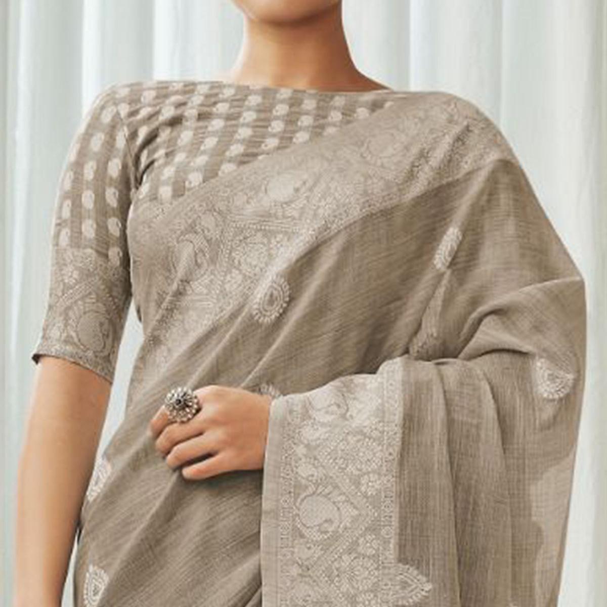 Grey Partywear Woven Lucknowi Linen Saree - Peachmode