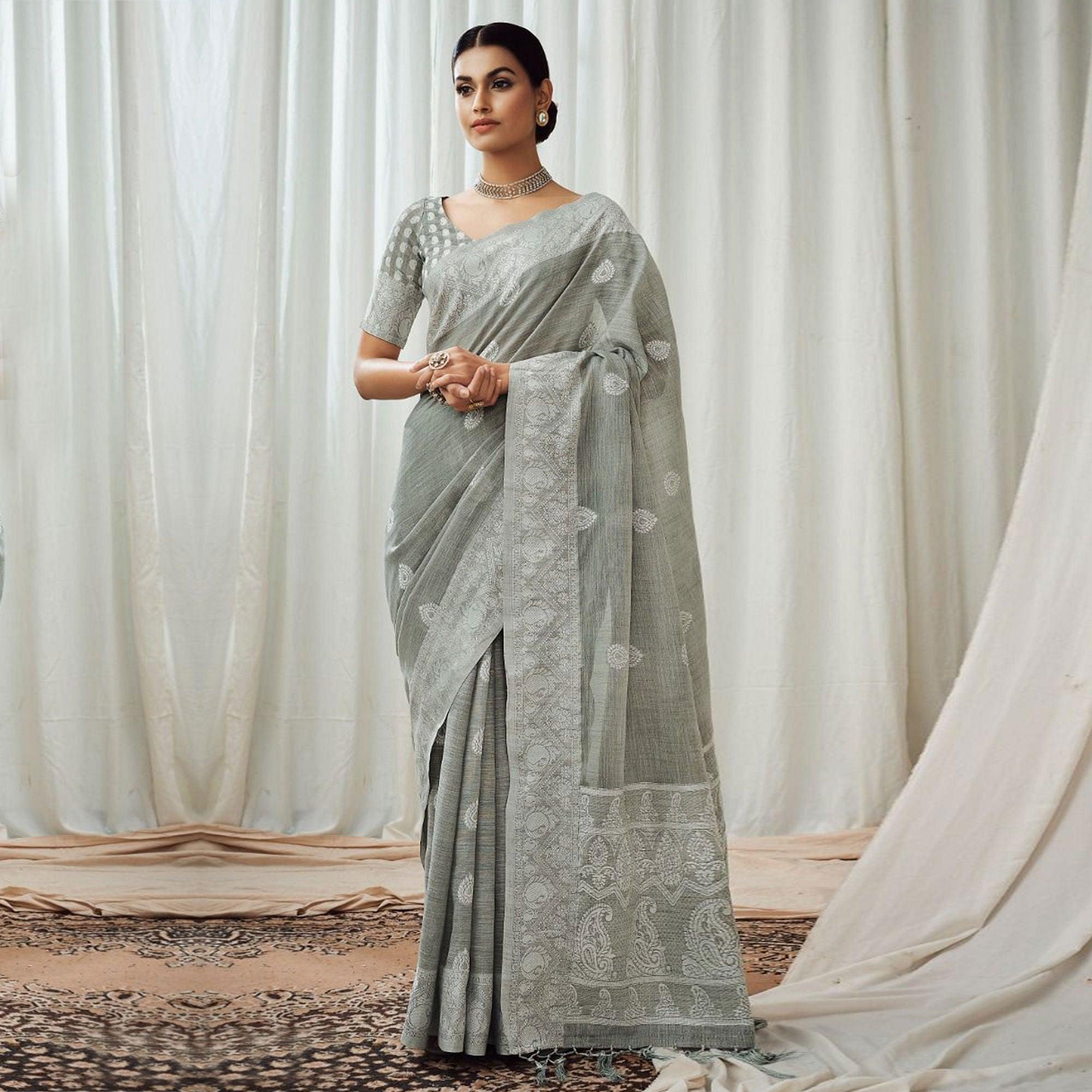 Grey Partywear Woven Lucknowi Linen Saree - Peachmode