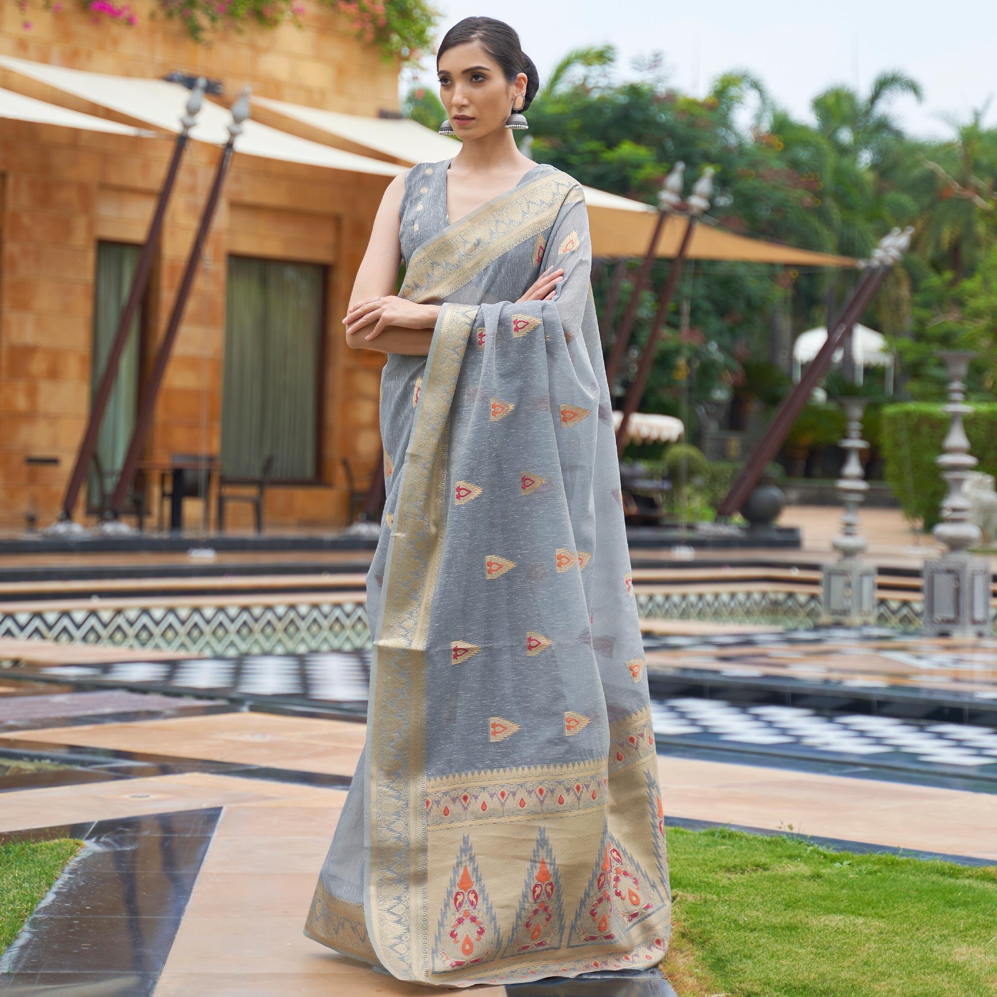 Grey Partywear Woven Pure Linen Saree - Peachmode