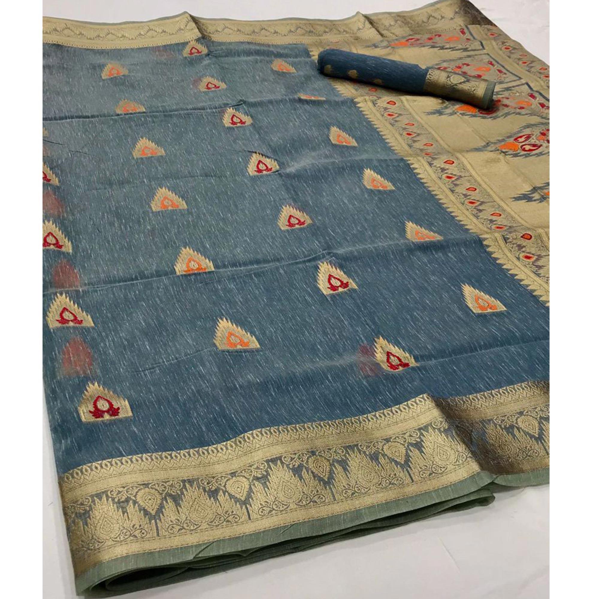 Grey Partywear Woven Pure Linen Saree - Peachmode