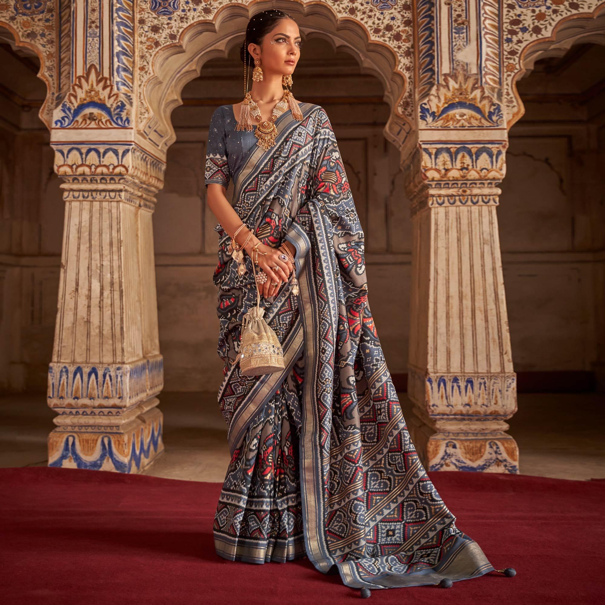 Grey Patola Printed Art Silk Saree - Peachmode