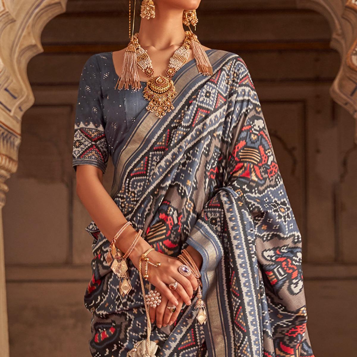 Grey Patola Printed Art Silk Saree - Peachmode