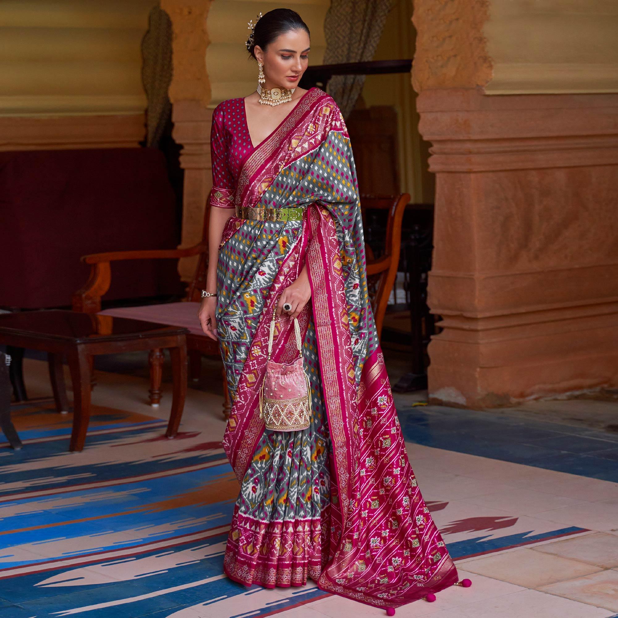 Grey Patola Printed Art Silk Saree With Tassels - Peachmode