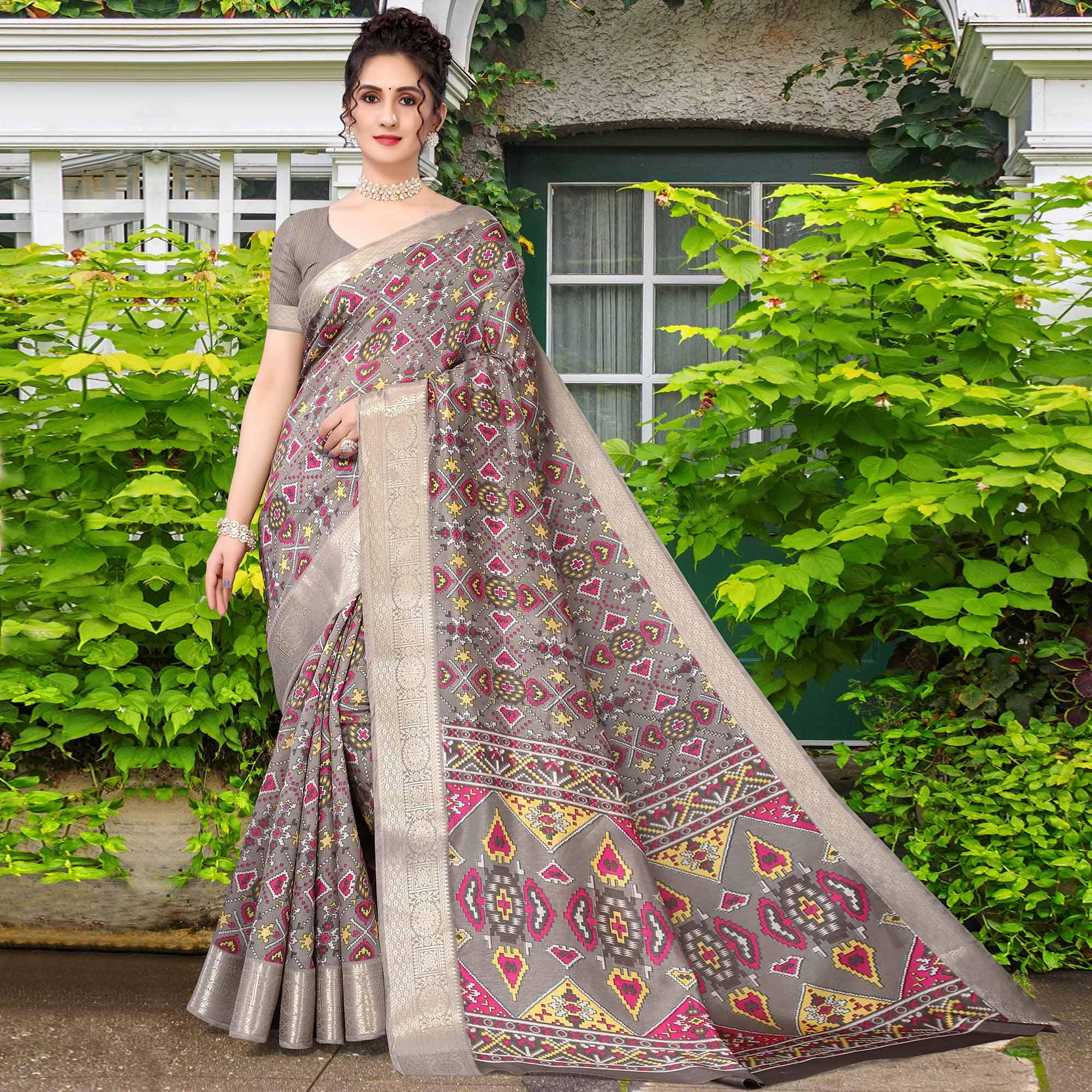 Grey Patola Printed Dola Silk Saree - Peachmode