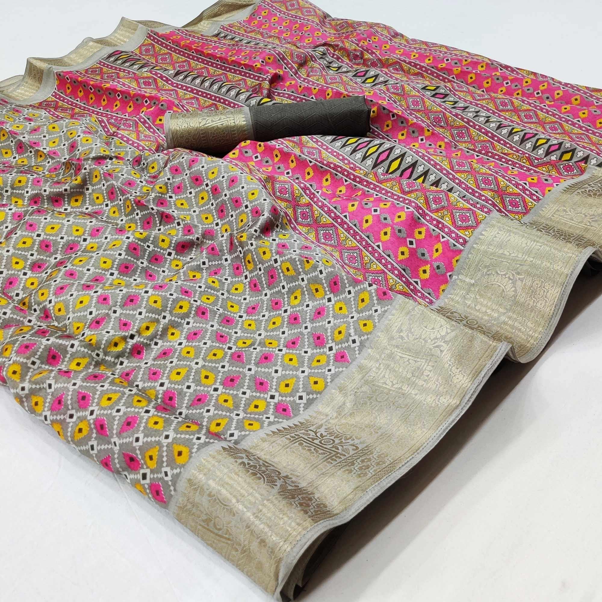 Grey Patola Printed Dola Silk Saree - Peachmode