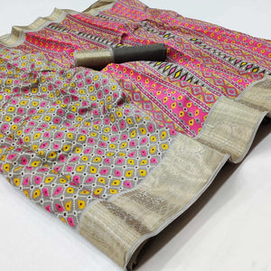 Grey Patola Printed Dola Silk Saree - Peachmode
