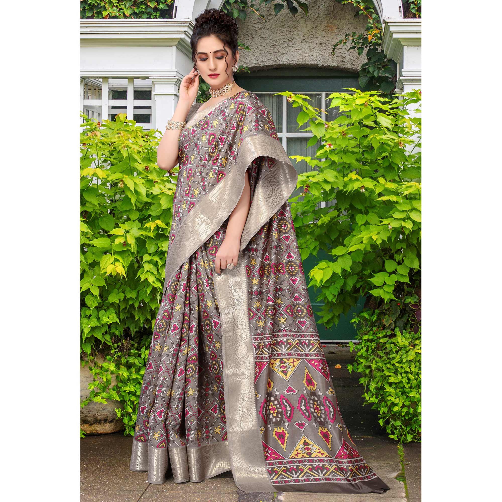 Grey Patola Printed Dola Silk Saree - Peachmode