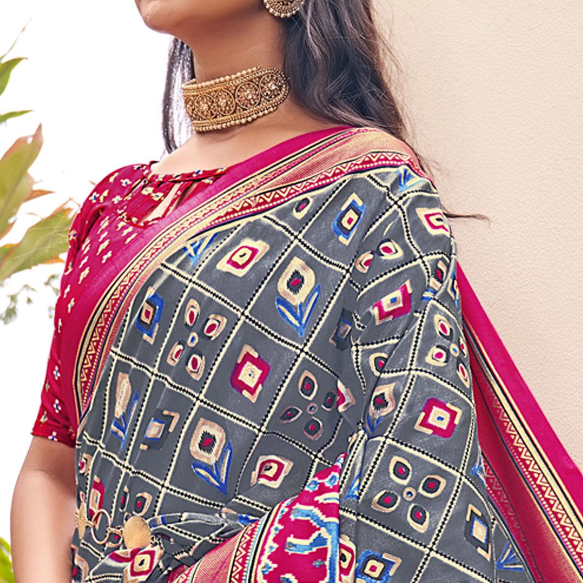 Grey Patola Printed Silk Saree With Tassels - Peachmode