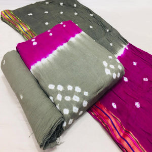 Grey-Pink Bandhani Printed Cotton Blend Dress Material - Peachmode