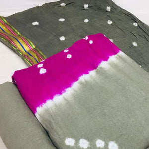 Grey-Pink Bandhani Printed Cotton Blend Dress Material - Peachmode