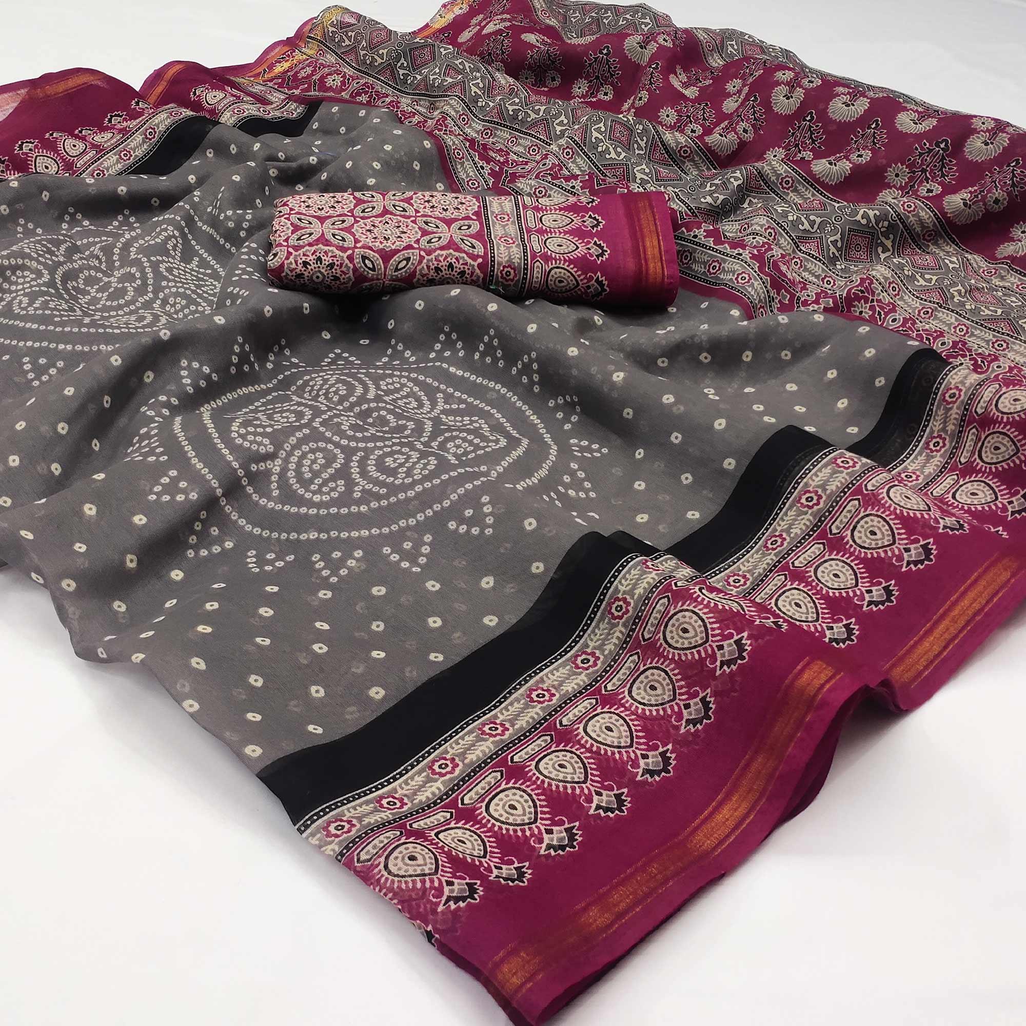 Grey-Pink Bandhani Printed Poly Cotton Saree - Peachmode