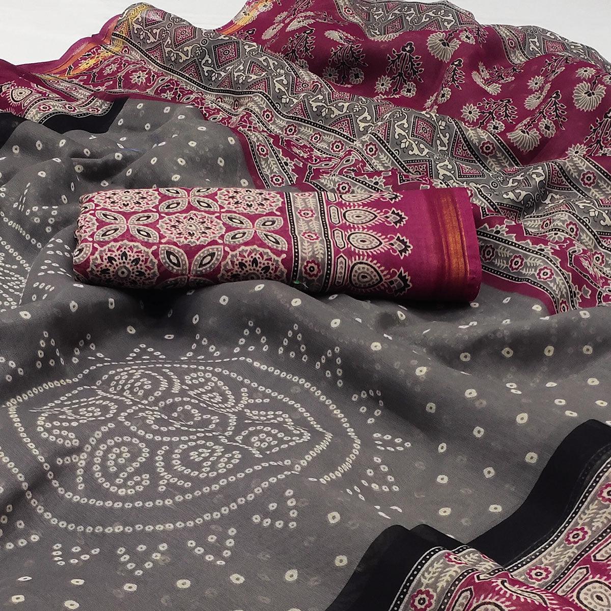 Grey-Pink Bandhani Printed Poly Cotton Saree - Peachmode