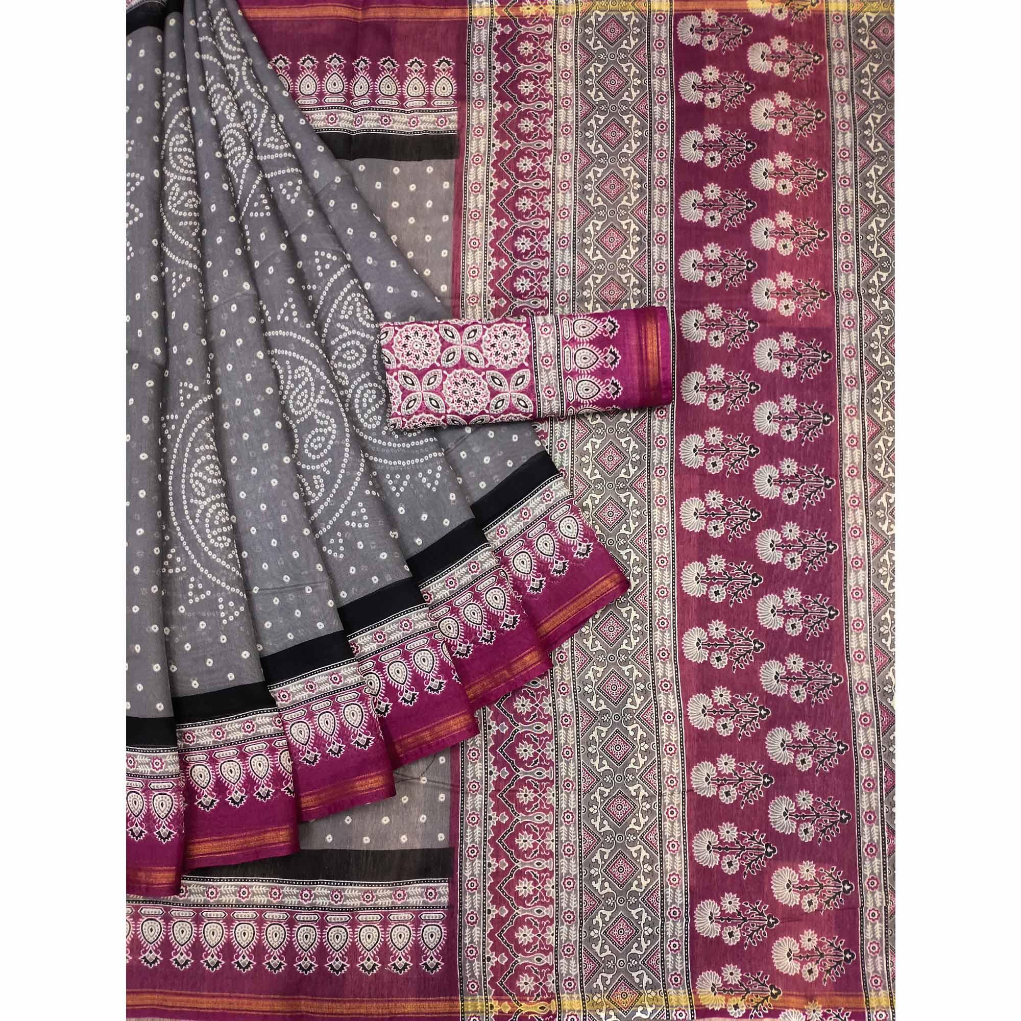 Grey-Pink Bandhani Printed Poly Cotton Saree - Peachmode