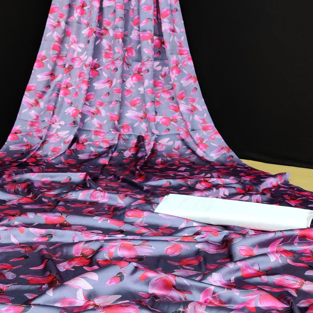 Grey-Pink Casual Wear Floral Digital Printed Satin Saree - Peachmode