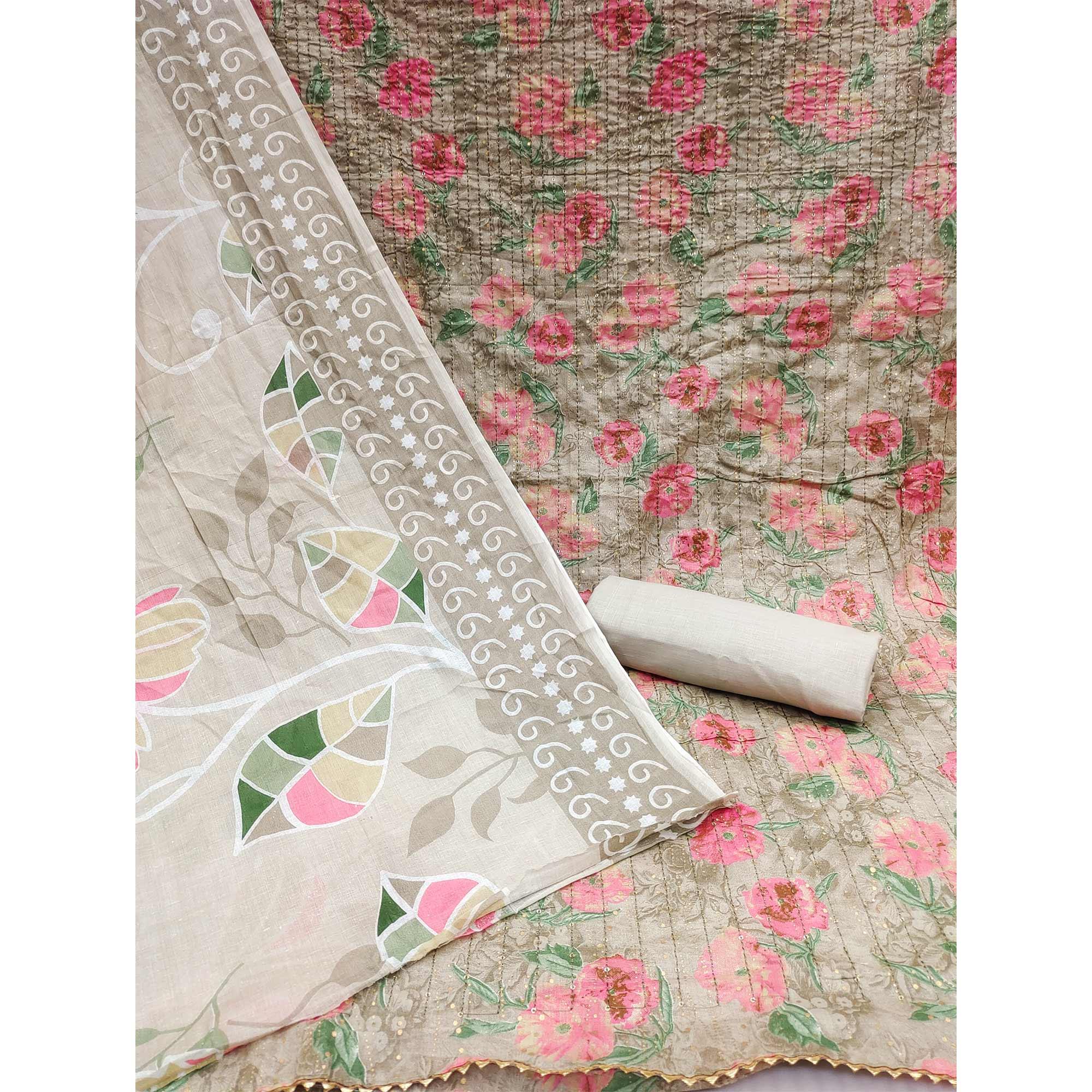 Grey-Pink Printed With Embroidered Pure Cotton Dress Material - Peachmode