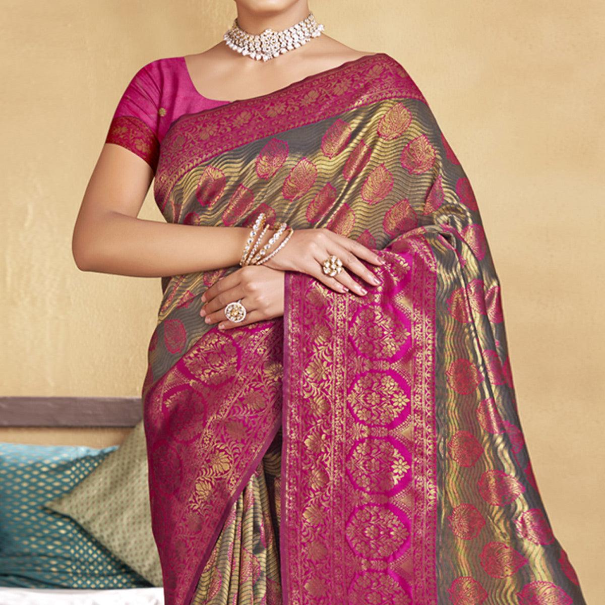 Grey-Pink Woven Art Silk Saree - Peachmode