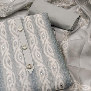 Grey Printed & Mirror Work Chanderi Dress Material - Peachmode