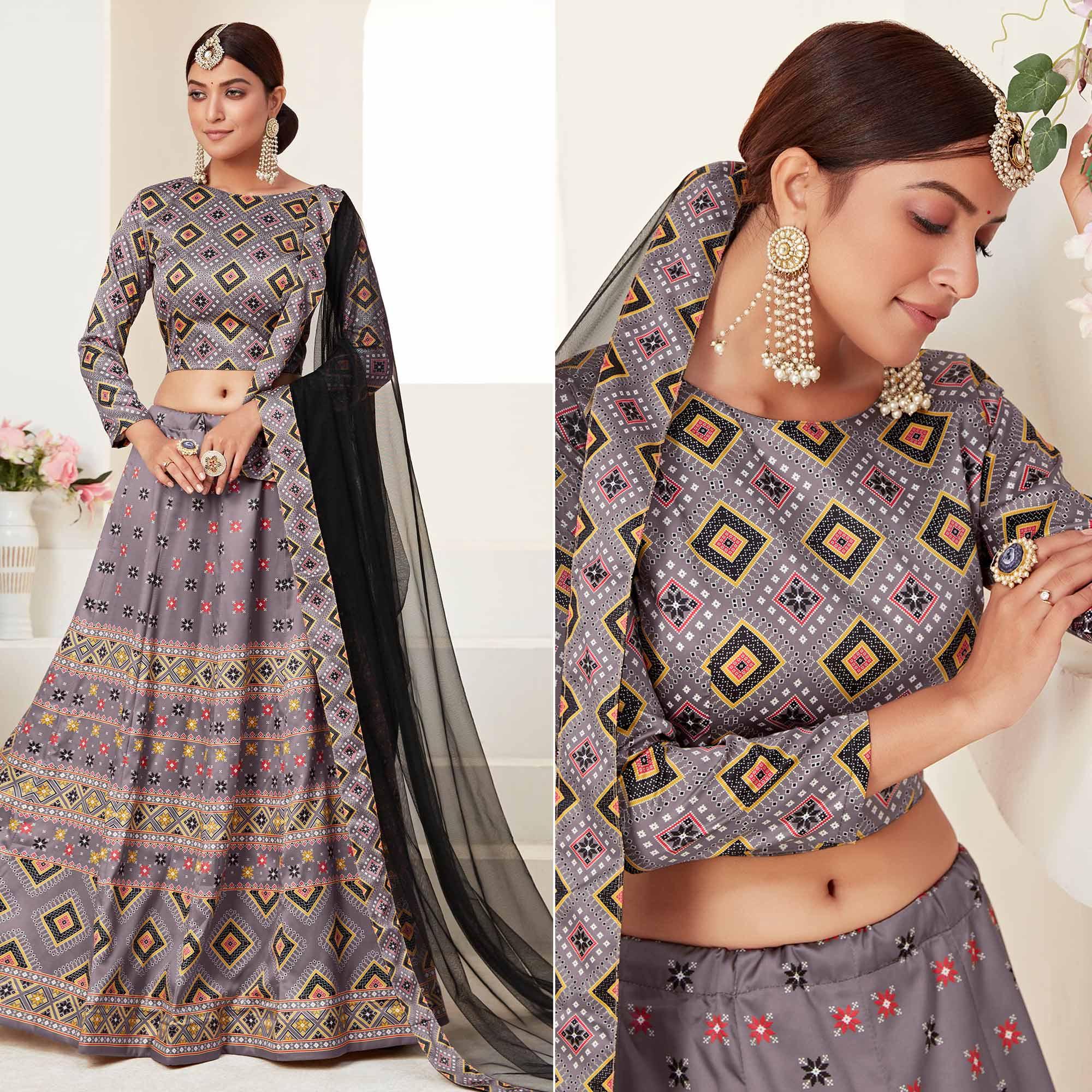 Grey Printed Art Silk Lehenga Choli - Peachmode