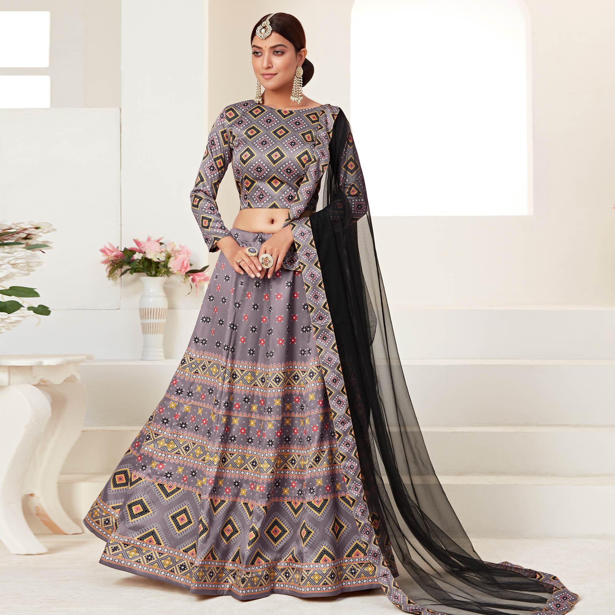 Grey Printed Art Silk Lehenga Choli - Peachmode