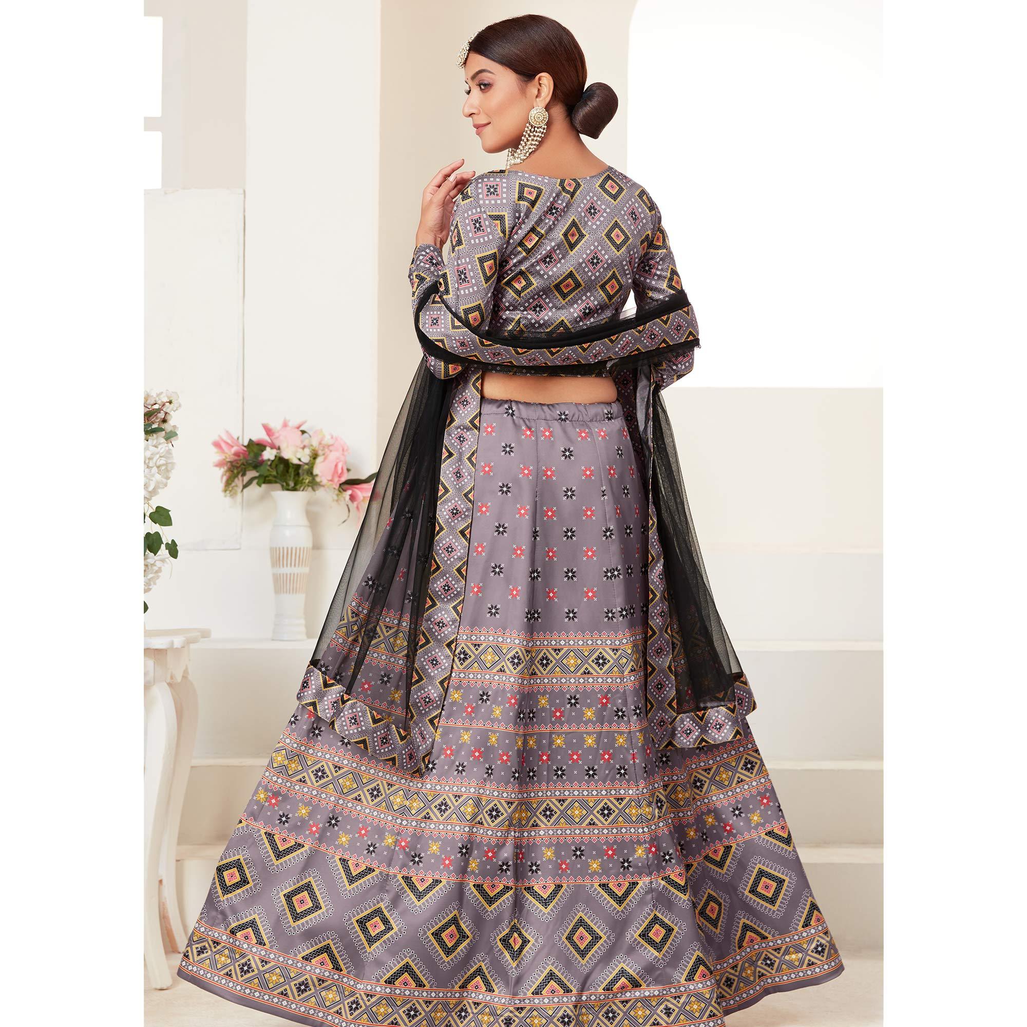Grey Printed Art Silk Lehenga Choli - Peachmode