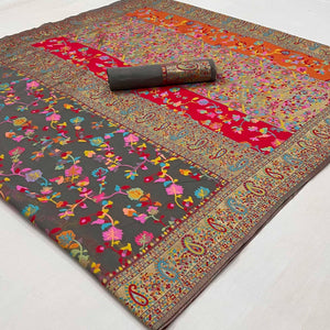 Grey Printed Chanderi Saree - Peachmode