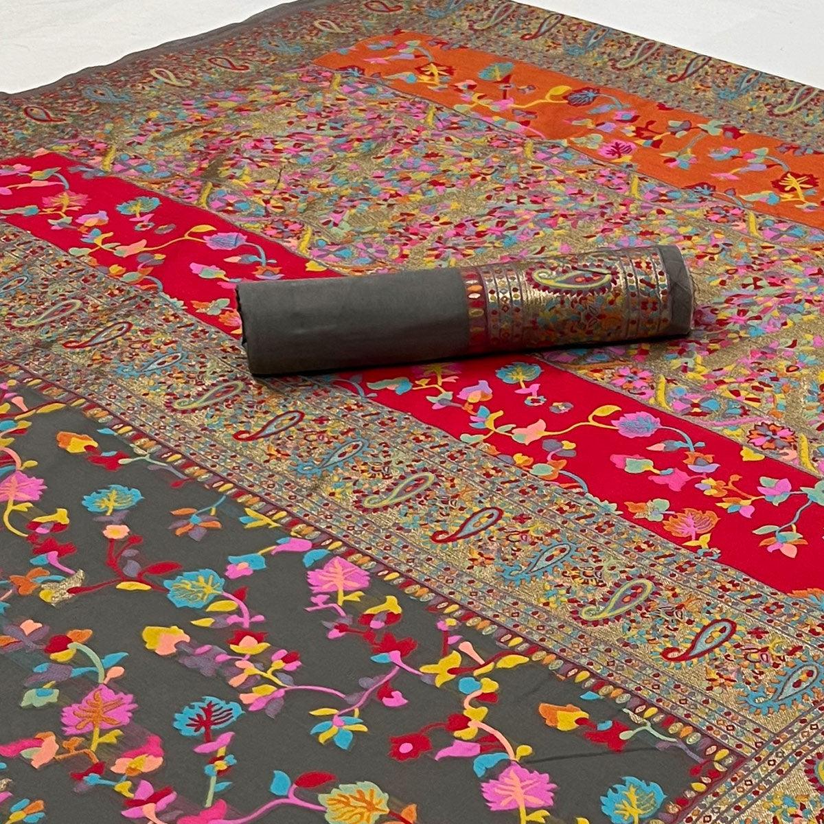 Grey Printed Chanderi Saree - Peachmode