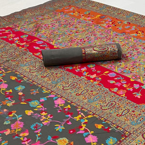 Grey Printed Chanderi Saree - Peachmode