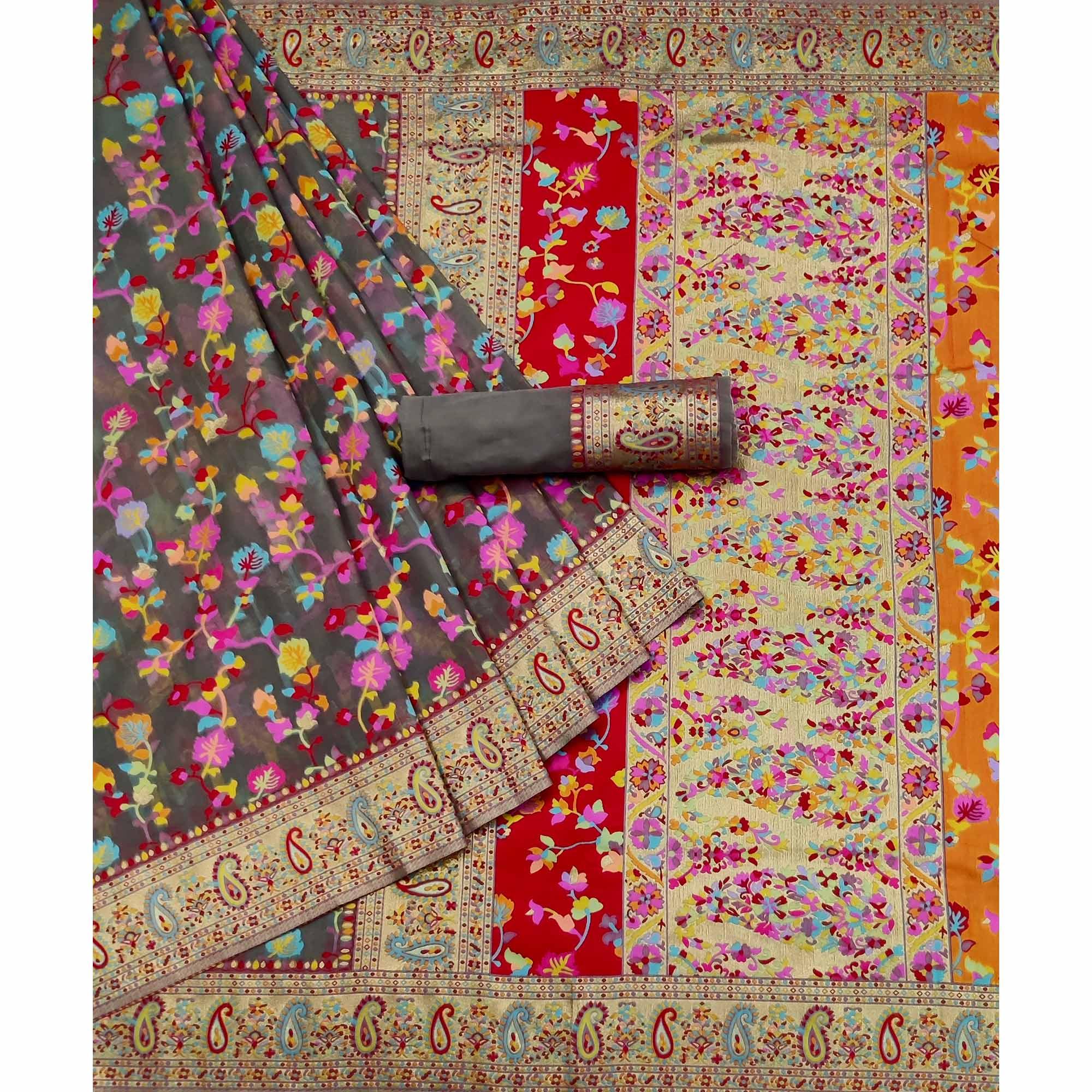 Grey Printed Chanderi Saree - Peachmode