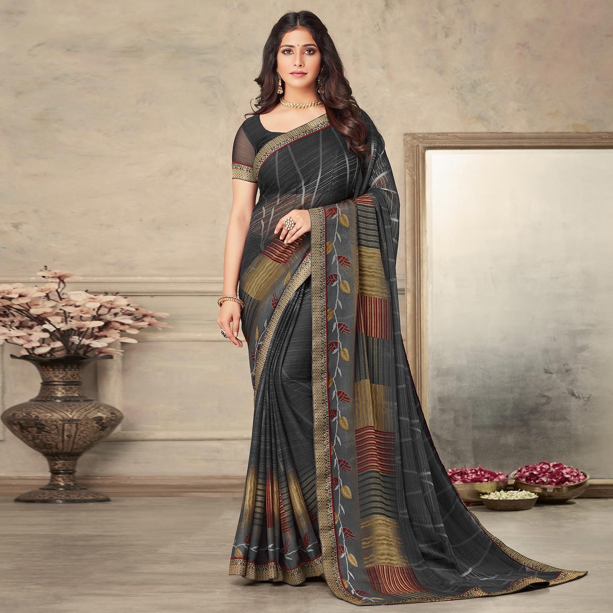 Grey Printed Chiffon Saree - Peachmode