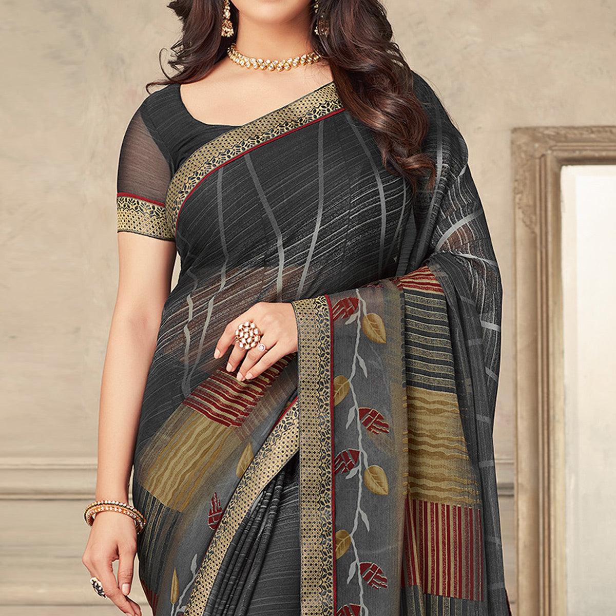 Grey Printed Chiffon Saree - Peachmode