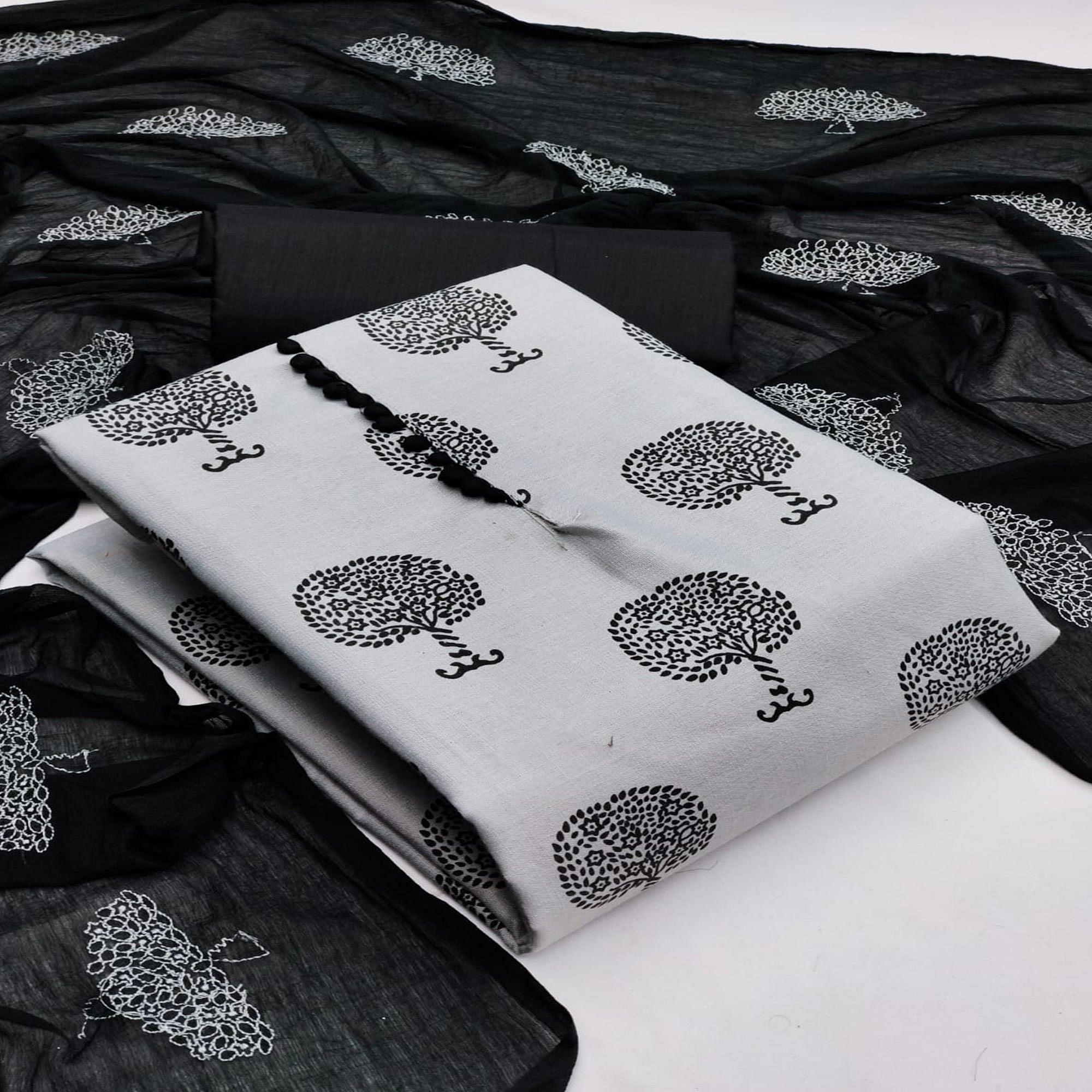 Grey Printed Cotton Dress Material - Peachmode
