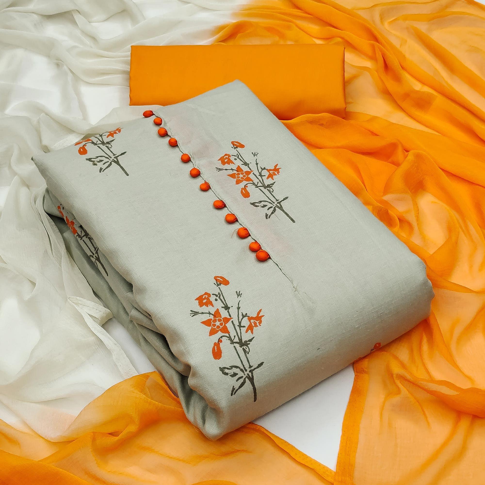 Grey Printed Cotton Dress Material - Peachmode