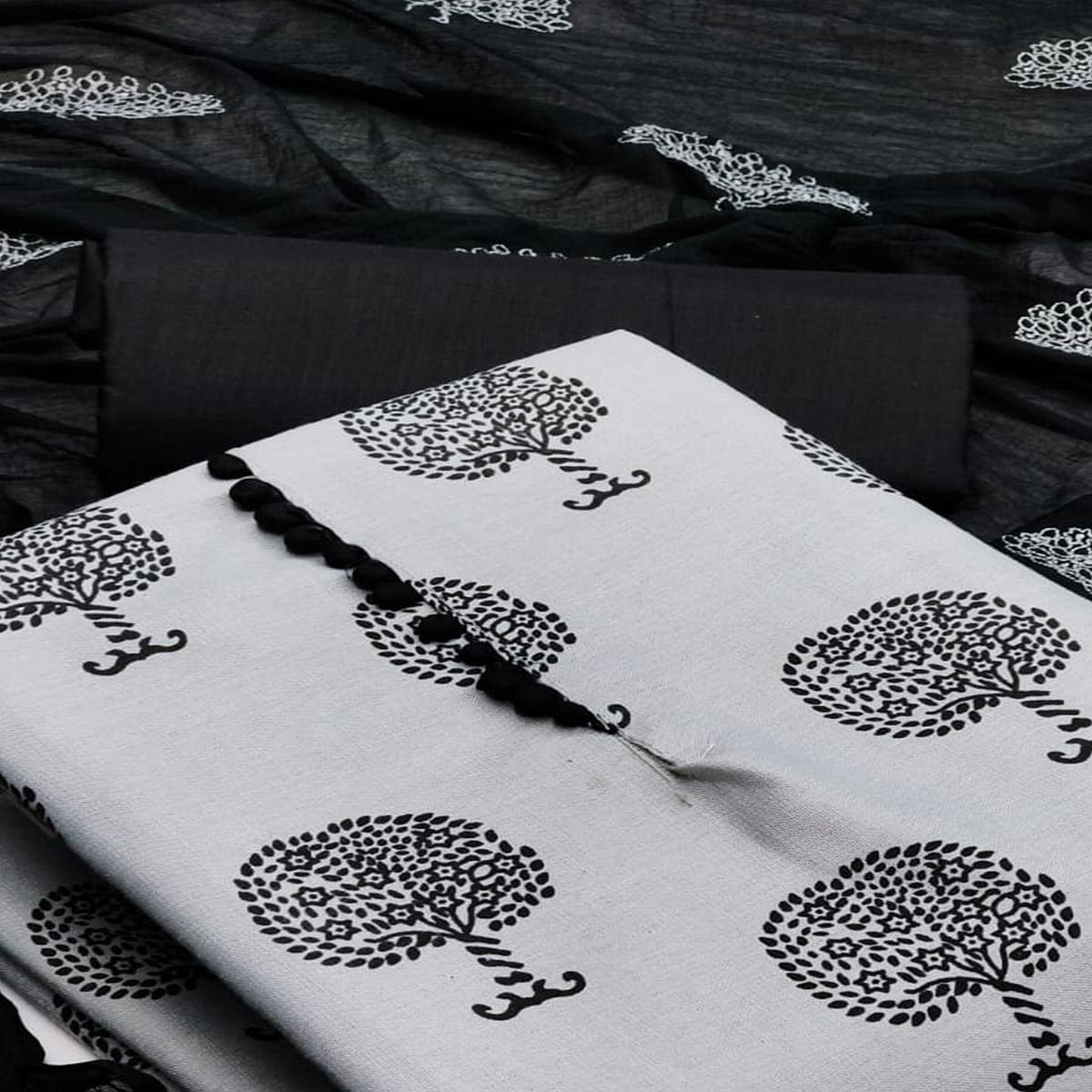 Grey Printed Cotton Dress Material - Peachmode