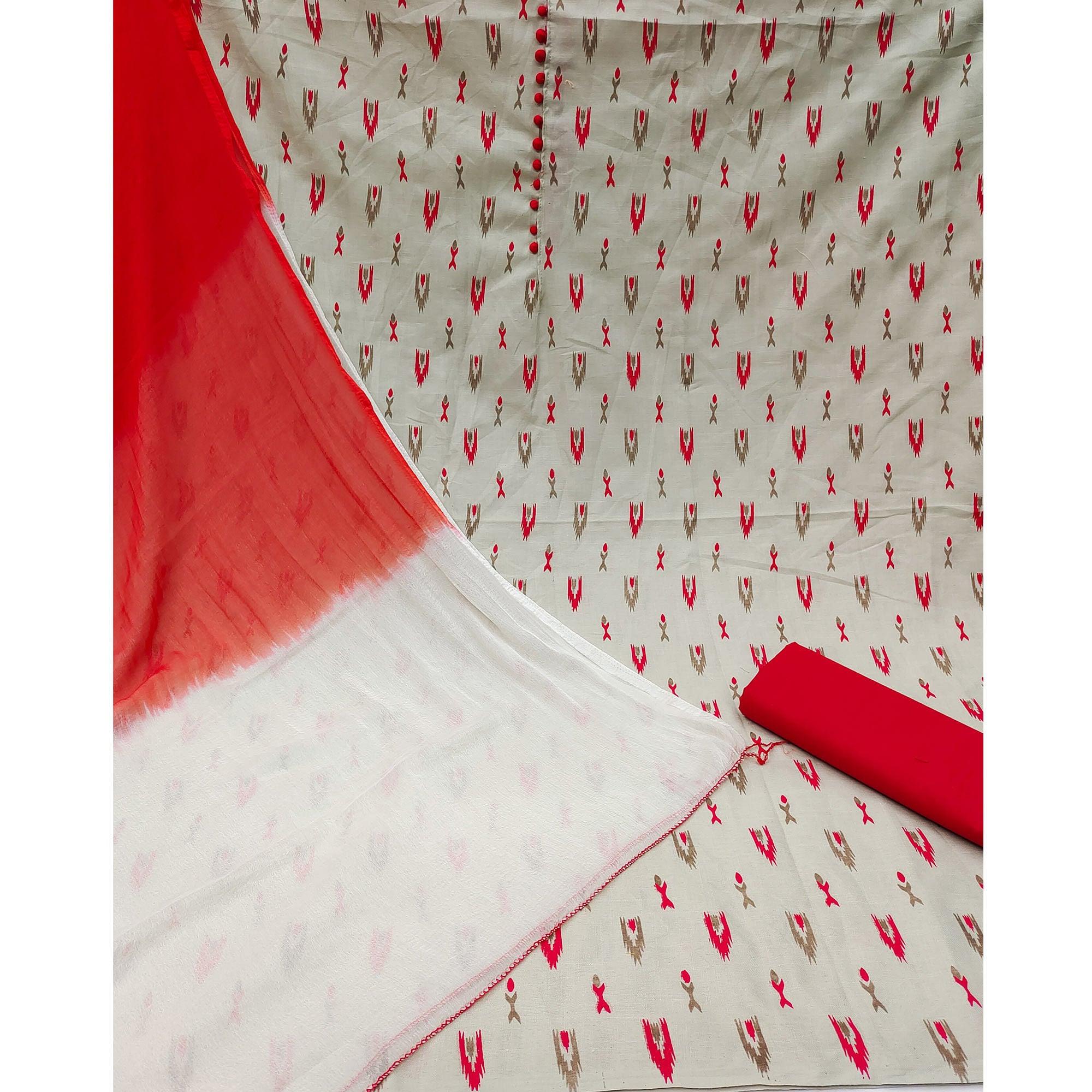 Grey Printed Cotton Dress Material - Peachmode