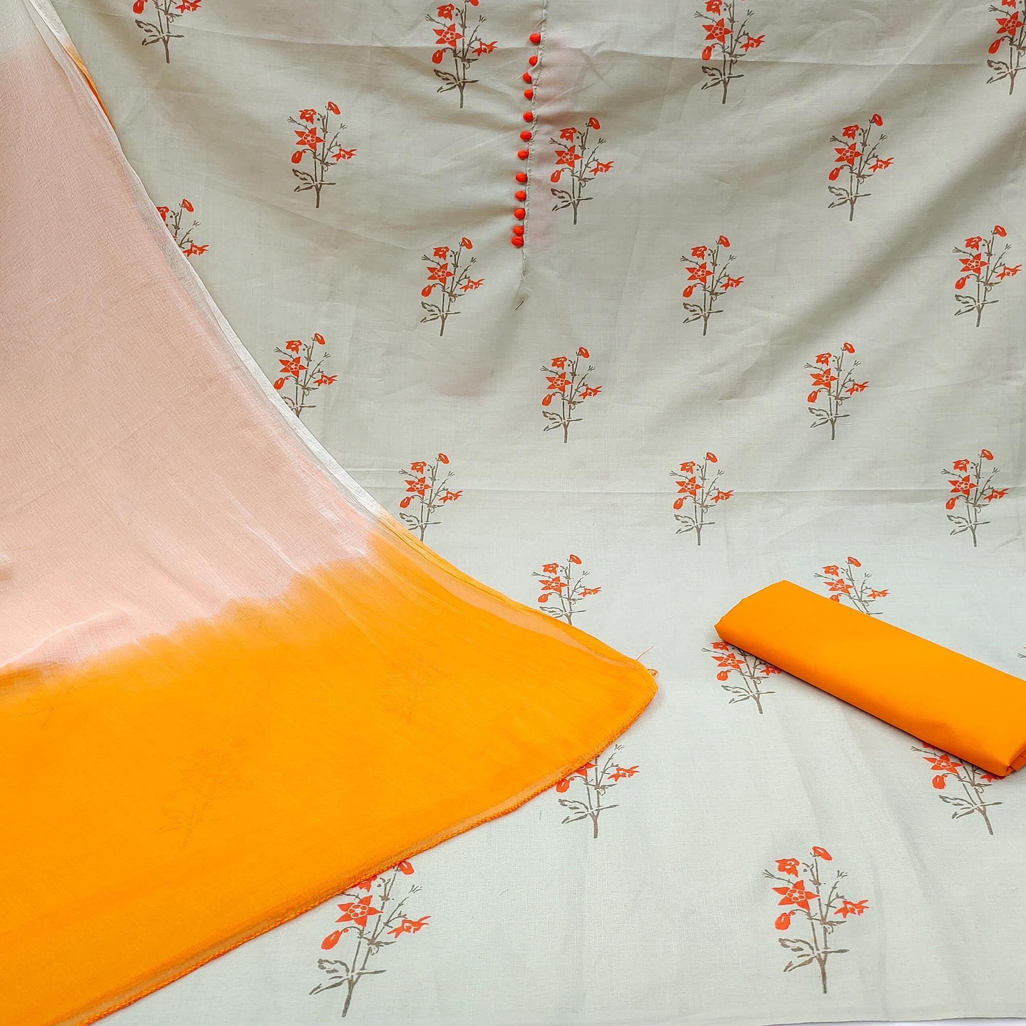 Grey Printed Cotton Dress Material - Peachmode