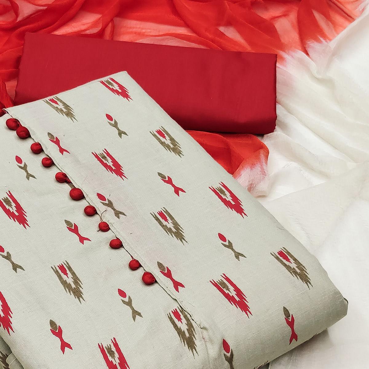 Grey Printed Cotton Dress Material - Peachmode