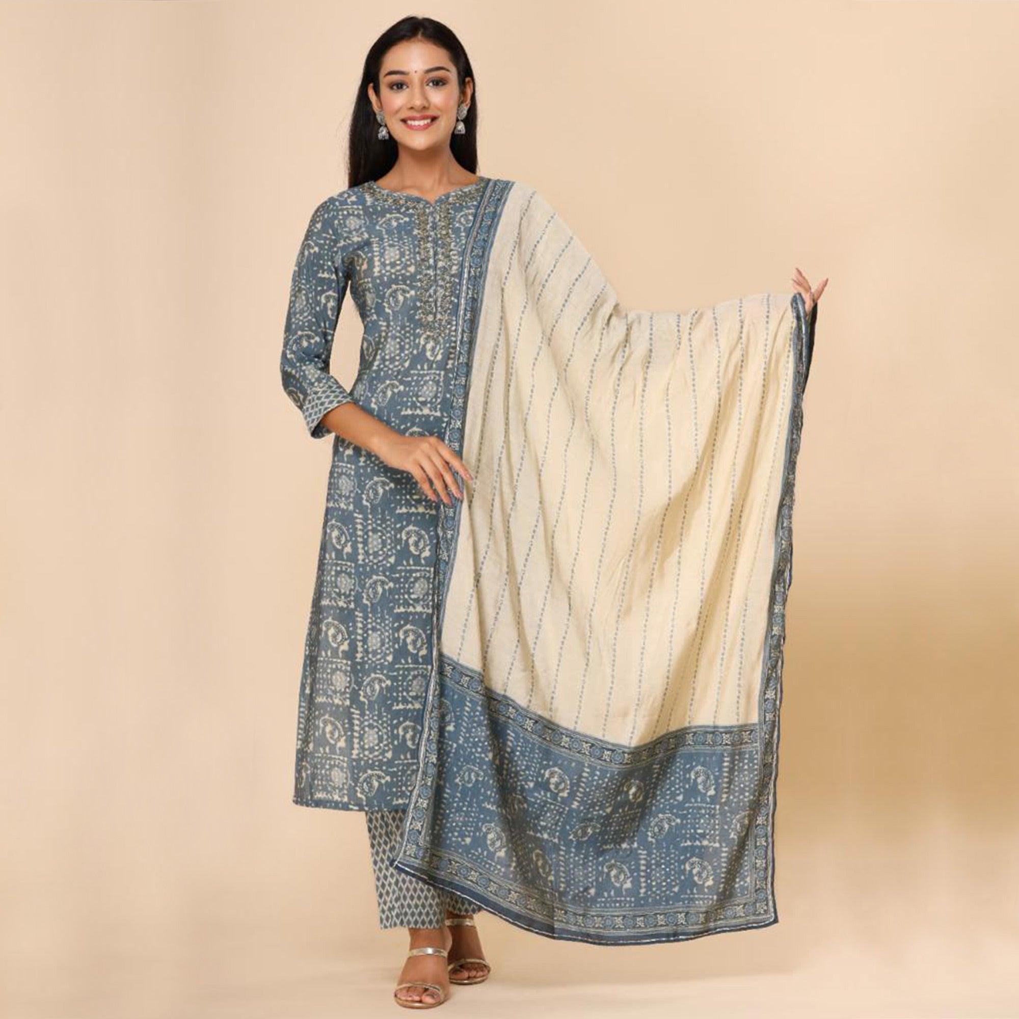 Grey Printed Cotton Silk Kurti Pant Set With Dupatta - Peachmode