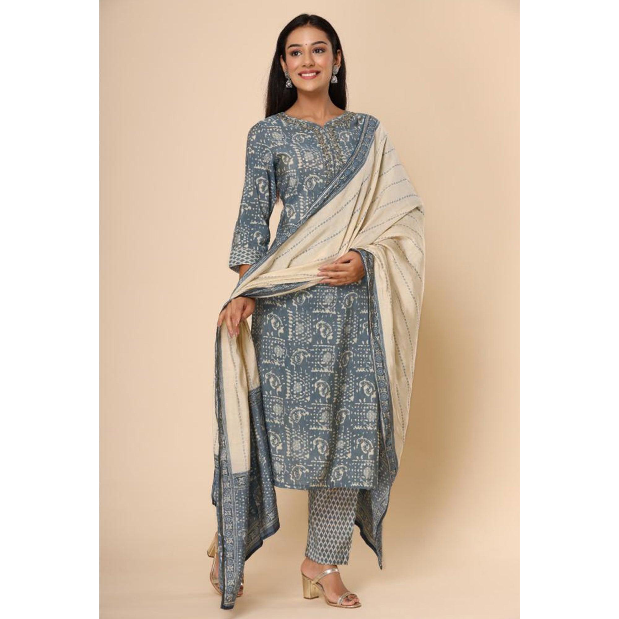 Grey Printed Cotton Silk Kurti Pant Set With Dupatta - Peachmode