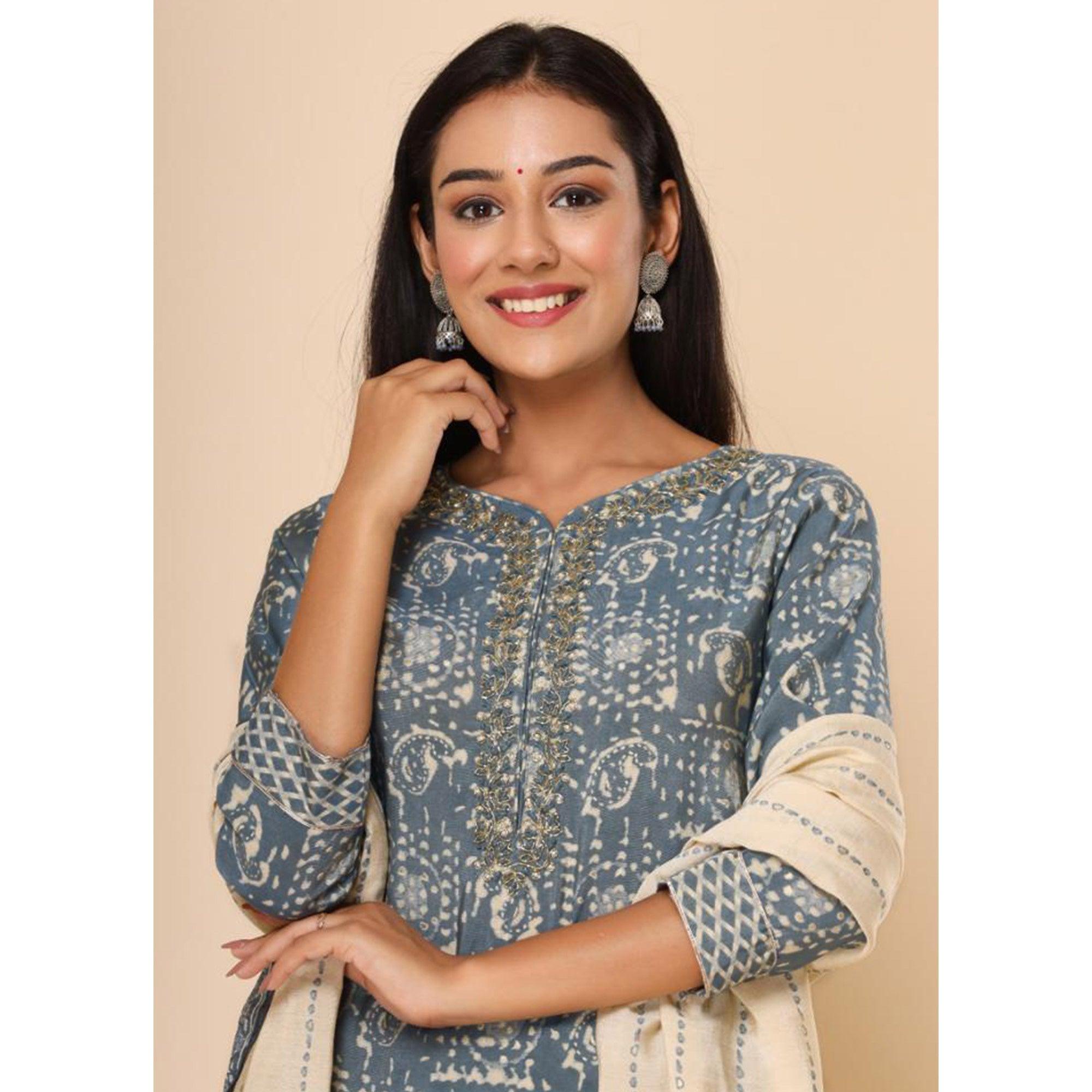 Grey Printed Cotton Silk Kurti Pant Set With Dupatta - Peachmode