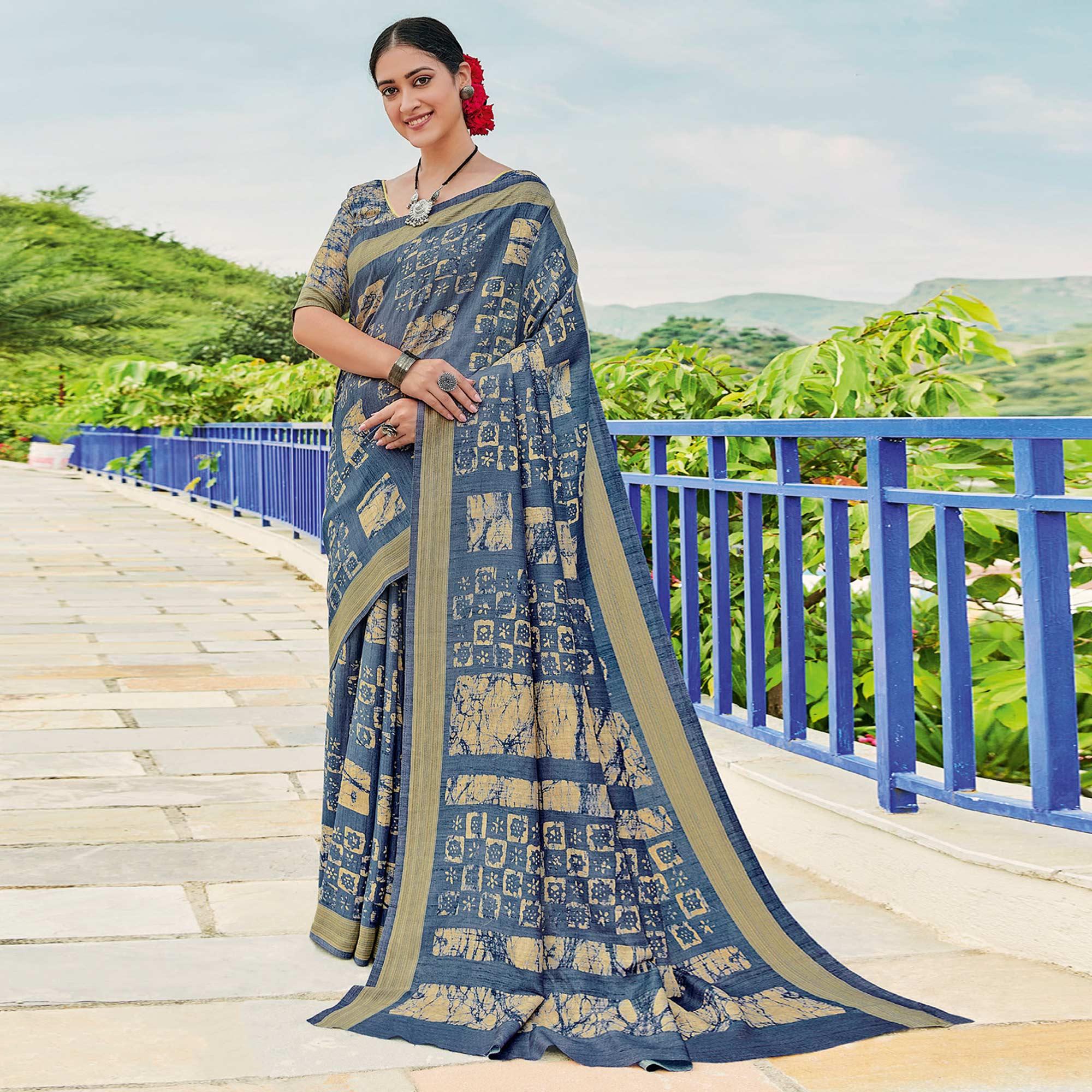 Grey Printed Cotton Silk Saree - Peachmode