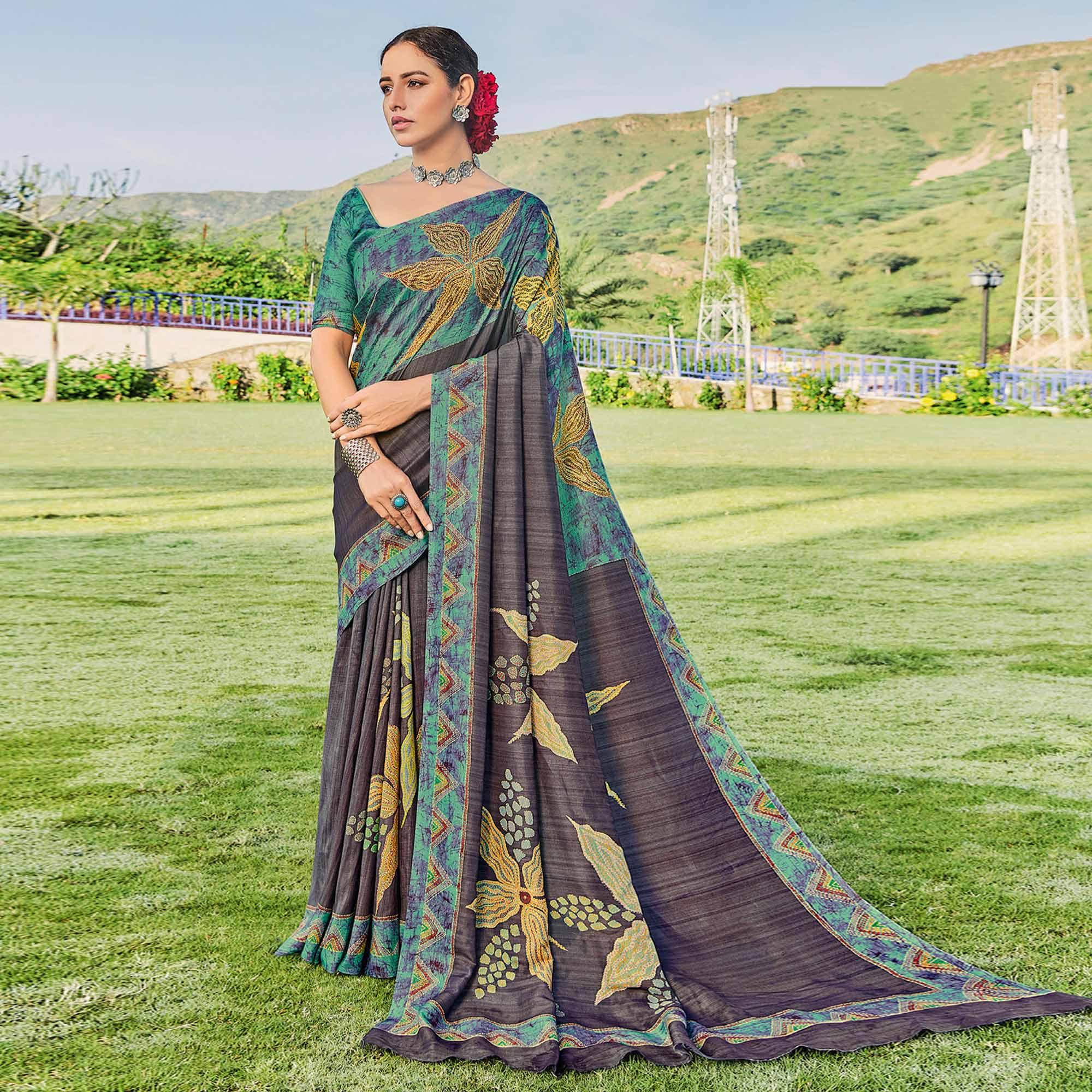 Grey Printed Cotton Silk Saree - Peachmode
