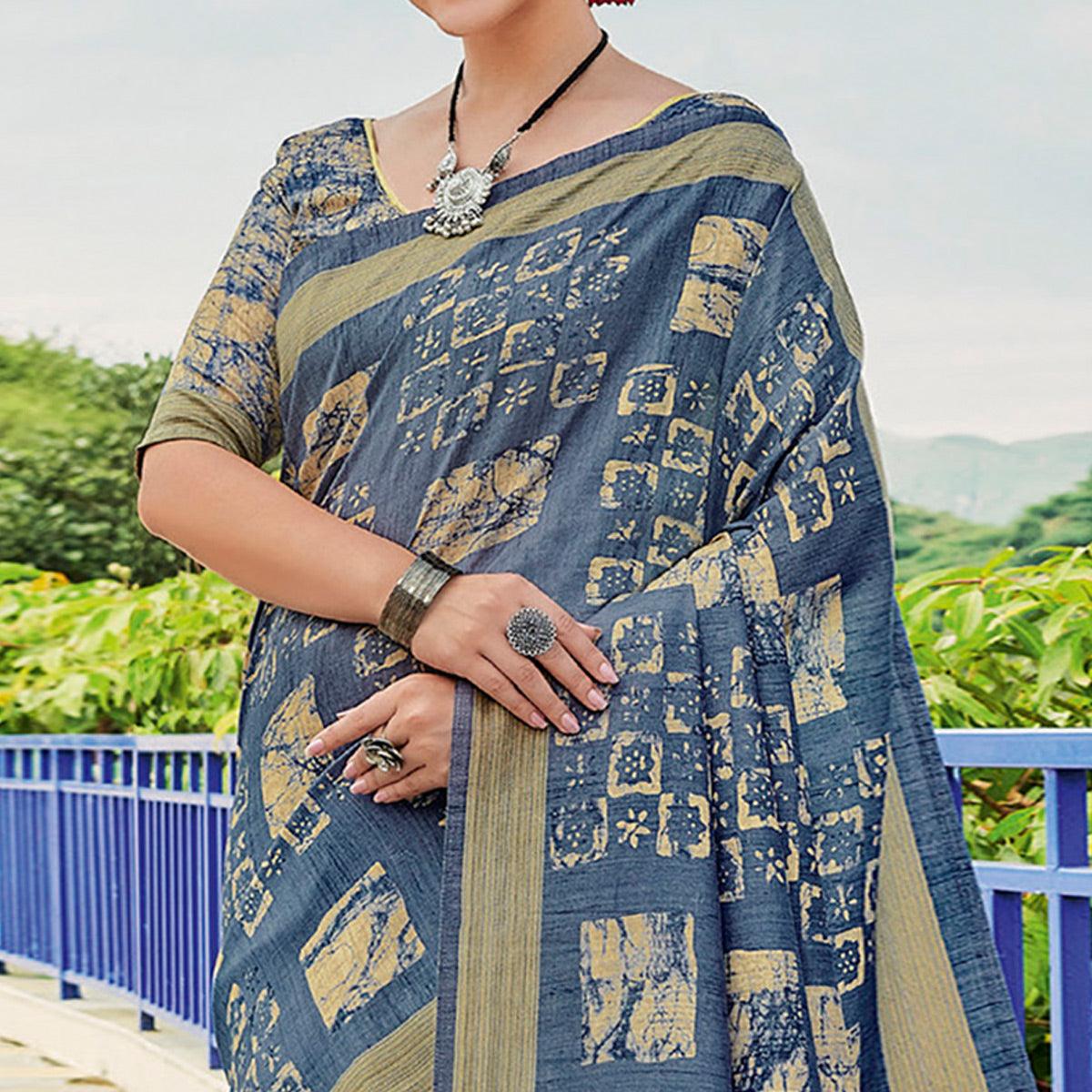 Grey Printed Cotton Silk Saree - Peachmode