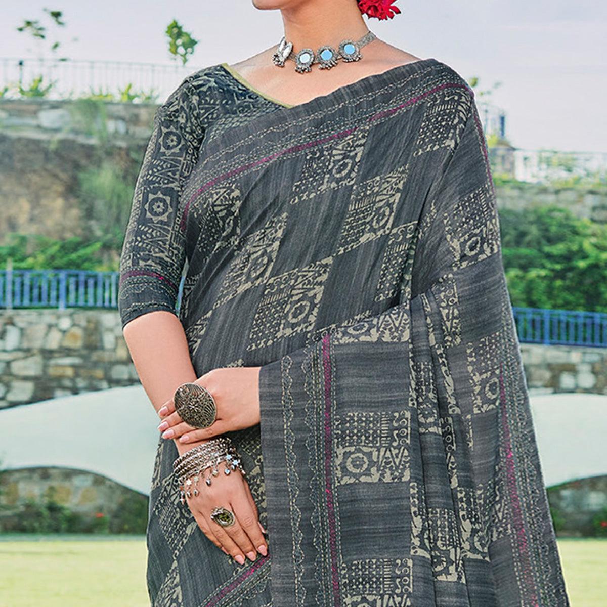 Grey Printed Cotton Silk Saree - Peachmode