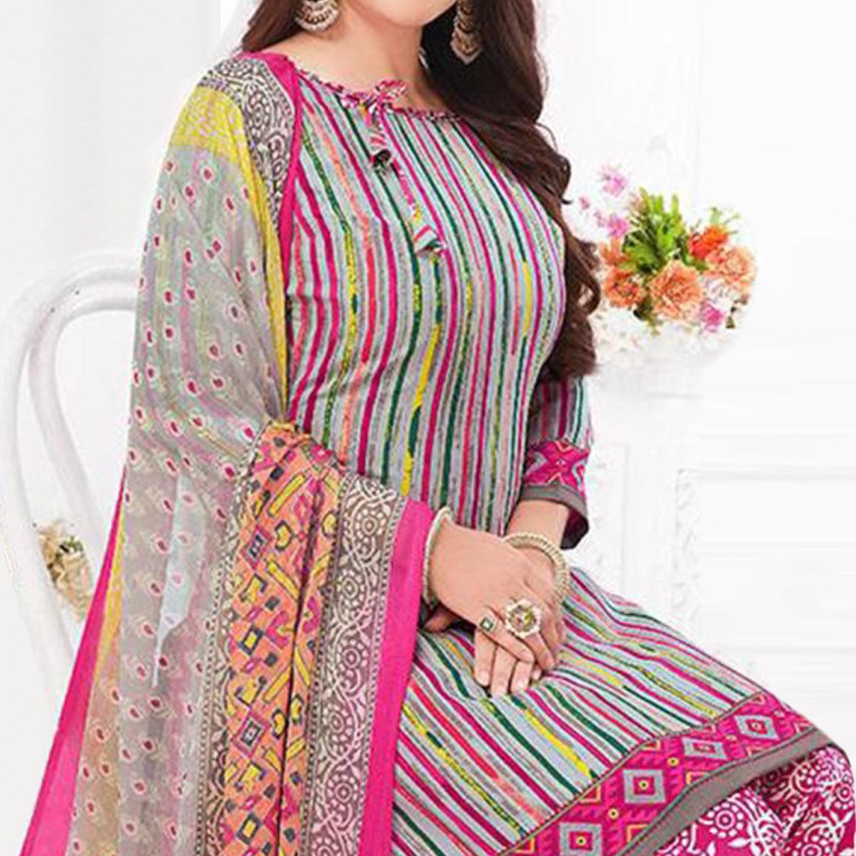 Grey Printed Crepe Patiala Dress Material - Peachmode
