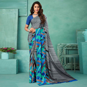 Grey Printed Crepe Saree - Peachmode