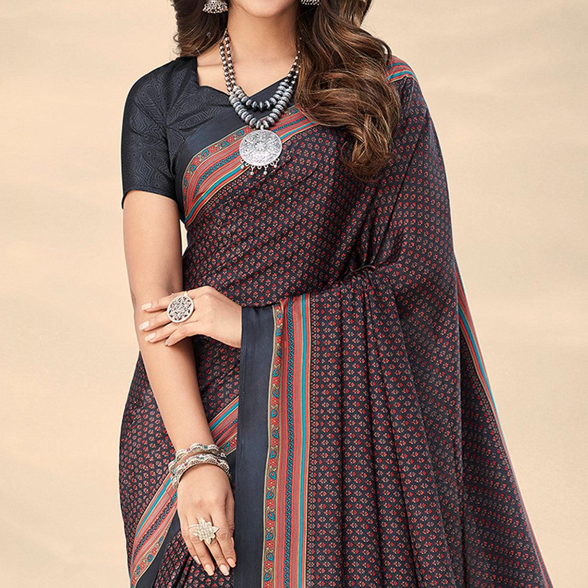 Grey Printed Crepe Saree - Peachmode