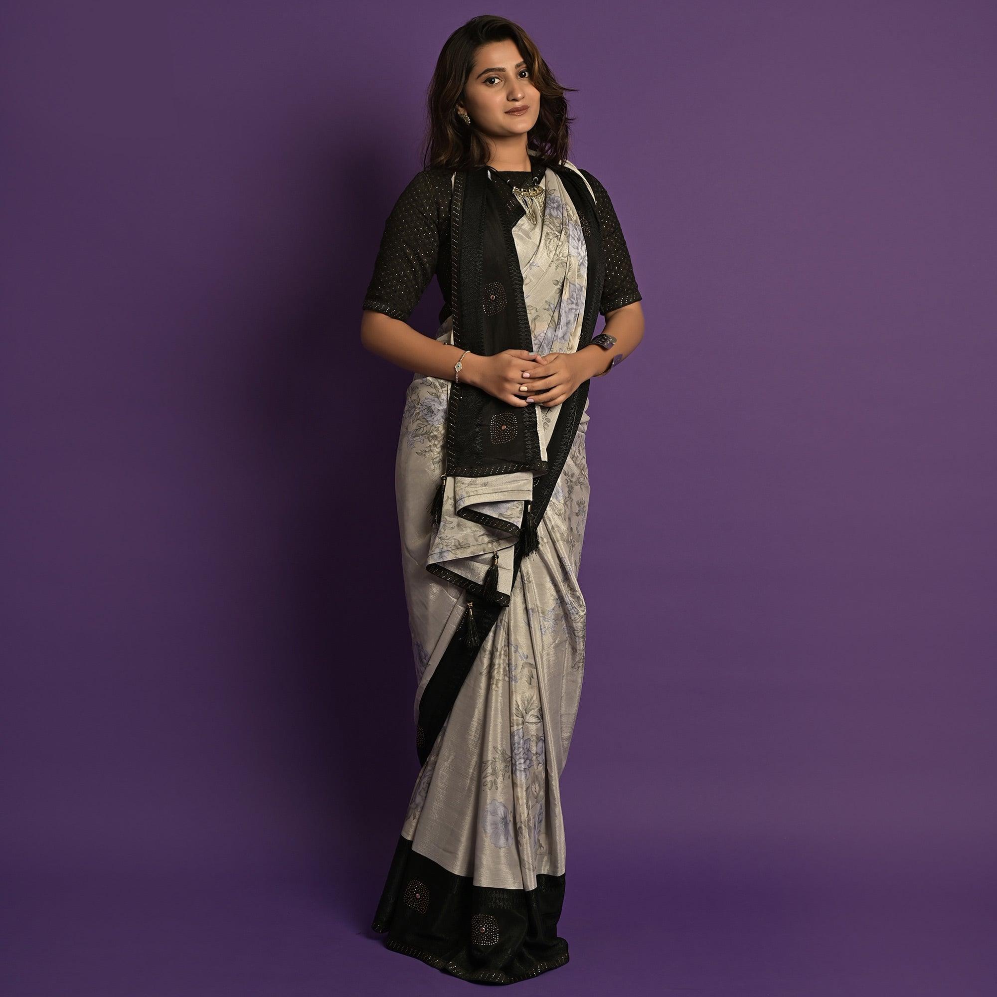 Grey Printed-Embellished Chiffon Saree - Peachmode